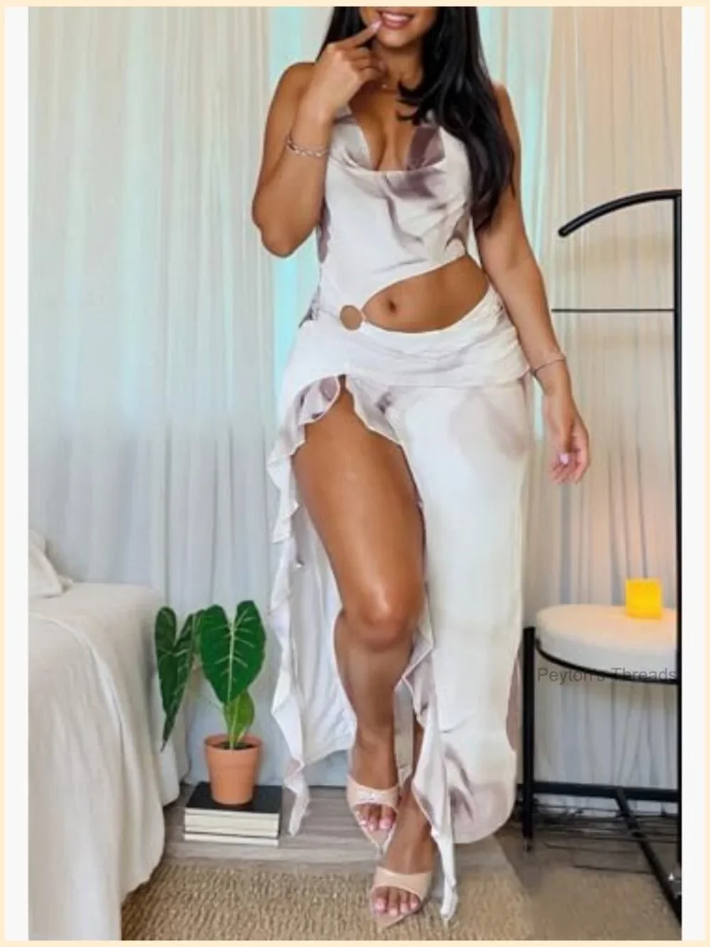 Sexy Bodycon Halter Dress Ruffle Cut Out Maxi - Picture 4 of 6